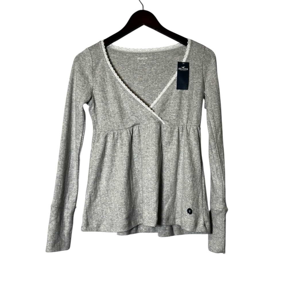 Hollister Babydoll Shirt Womens Small Gray Ribbed Wrap V-Neck Lace Trim Y2K NWT